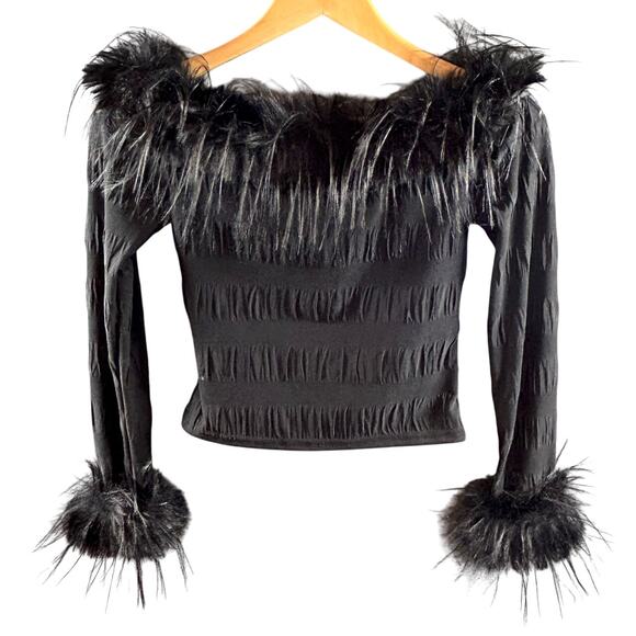 Y2K Style Black Feather Trim Coquette Goth Long Sleeve 90s 2000s Party Clubwear - Picture 3 of 5